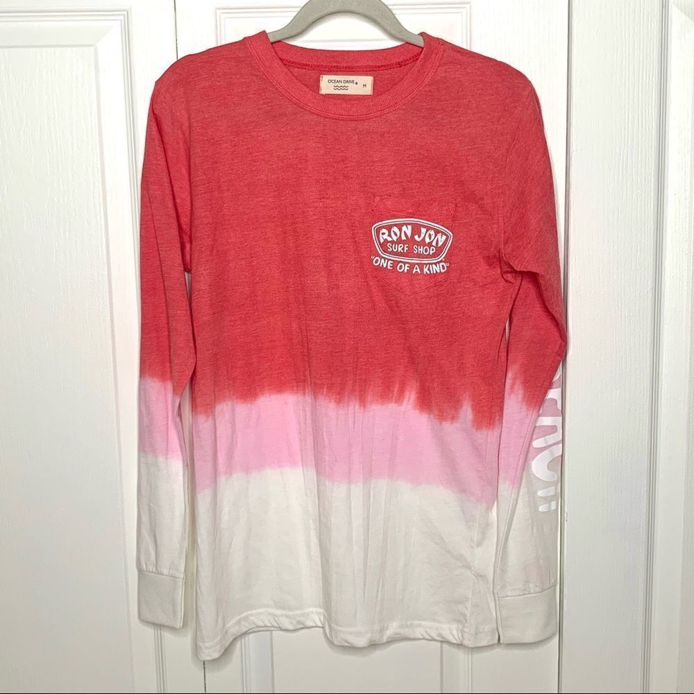 Ron Jon Surf Shop Pink Tie Dye Ombré Long Sleeve Pocket Tee